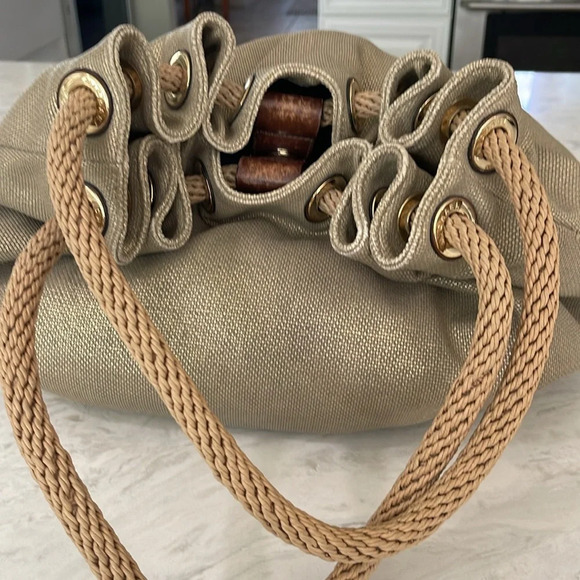 Michael Kors Gold Metallic Marina Large Canvas Drawstring Tote Hobo Bag - Picture 4 of 16